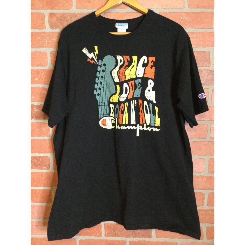 Champion Men's Peace Love & Rock N’ Roll Crew Neck T-Shirt Black Size 2X Large